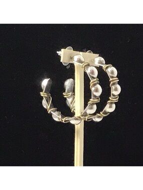 Sterling Silver Earrings Two Tone Wire Wrapped Beaded Hoops Vintage 1 3/8”
